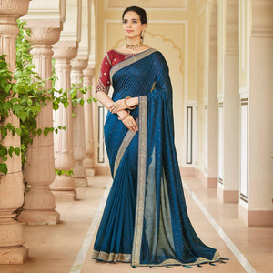 Blue Sequence With swarovski Work Vichitra Silk Saree - Peachmode