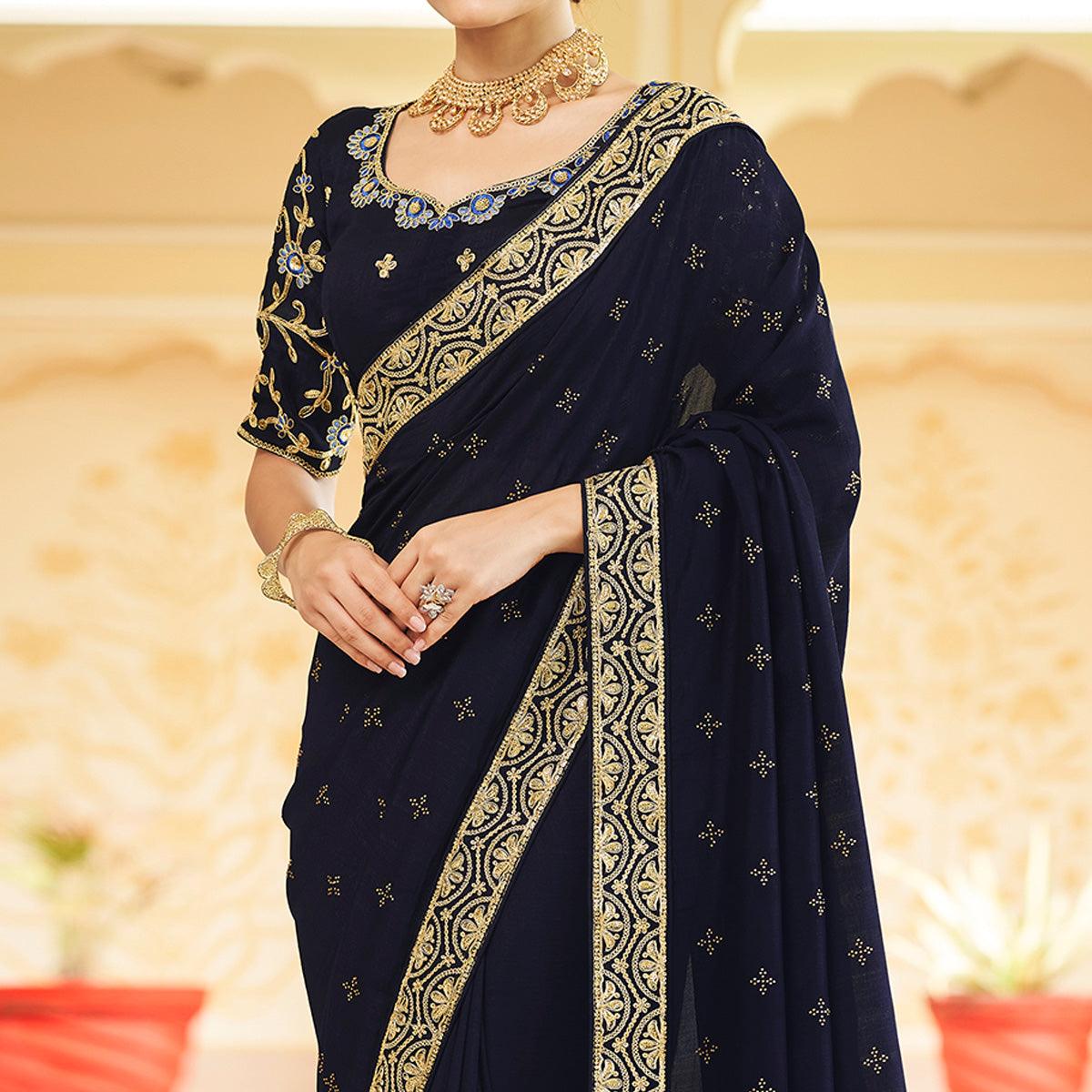 Blue Sequence With swarovski Work Vichitra Silk Saree - Peachmode