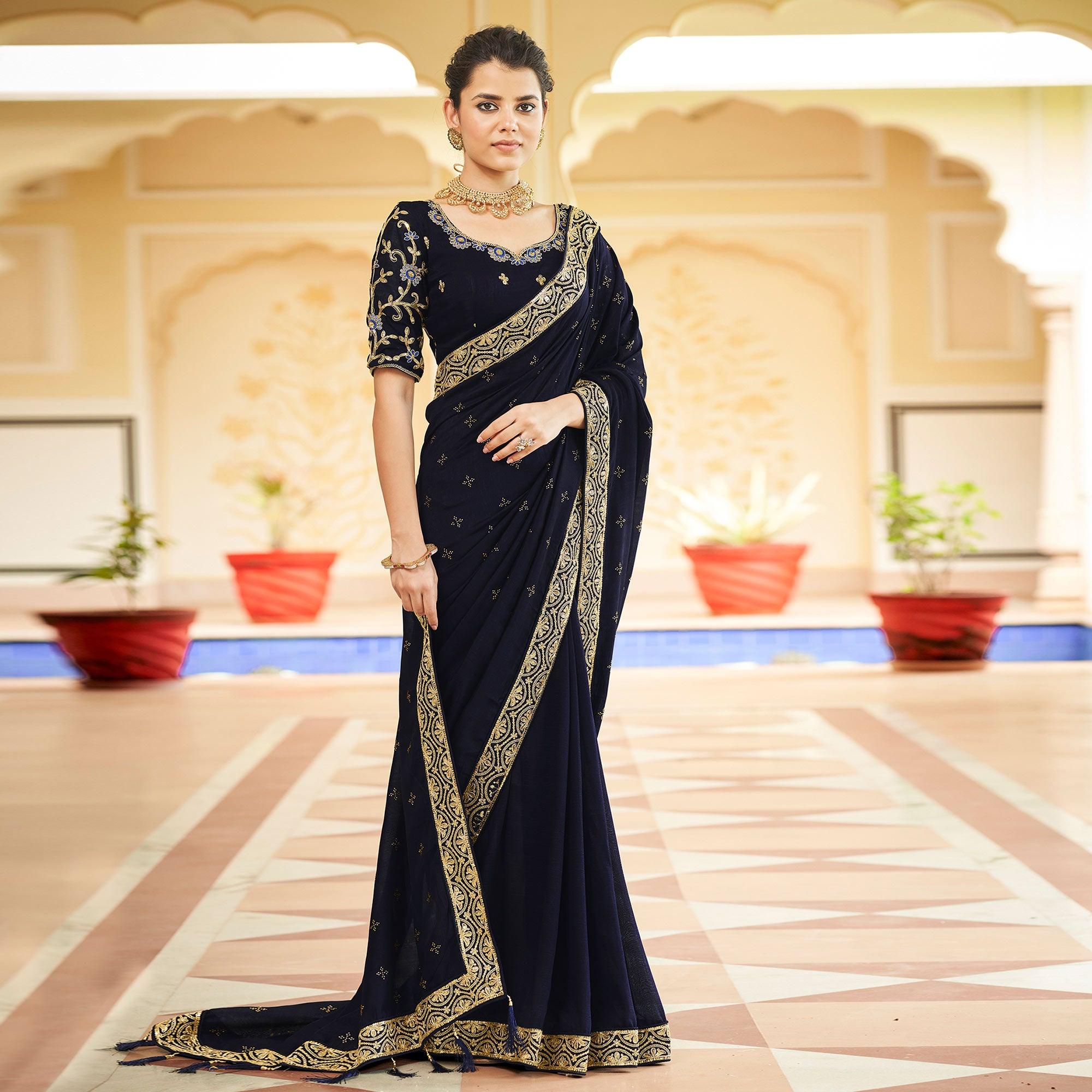 Blue Sequence With swarovski Work Vichitra Silk Saree - Peachmode