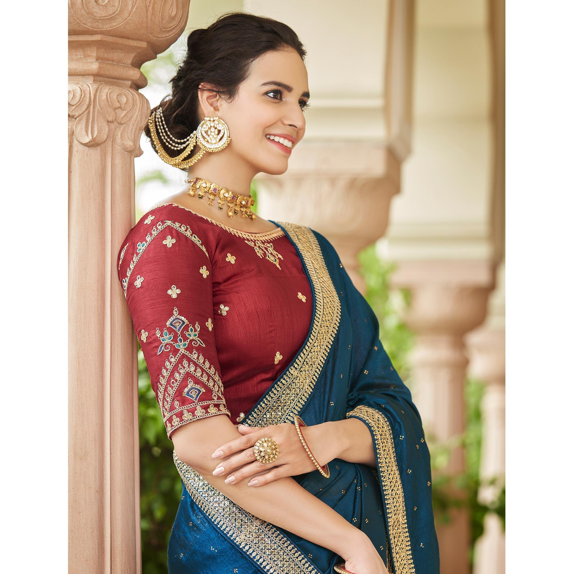 Blue Sequence With swarovski Work Vichitra Silk Saree - Peachmode