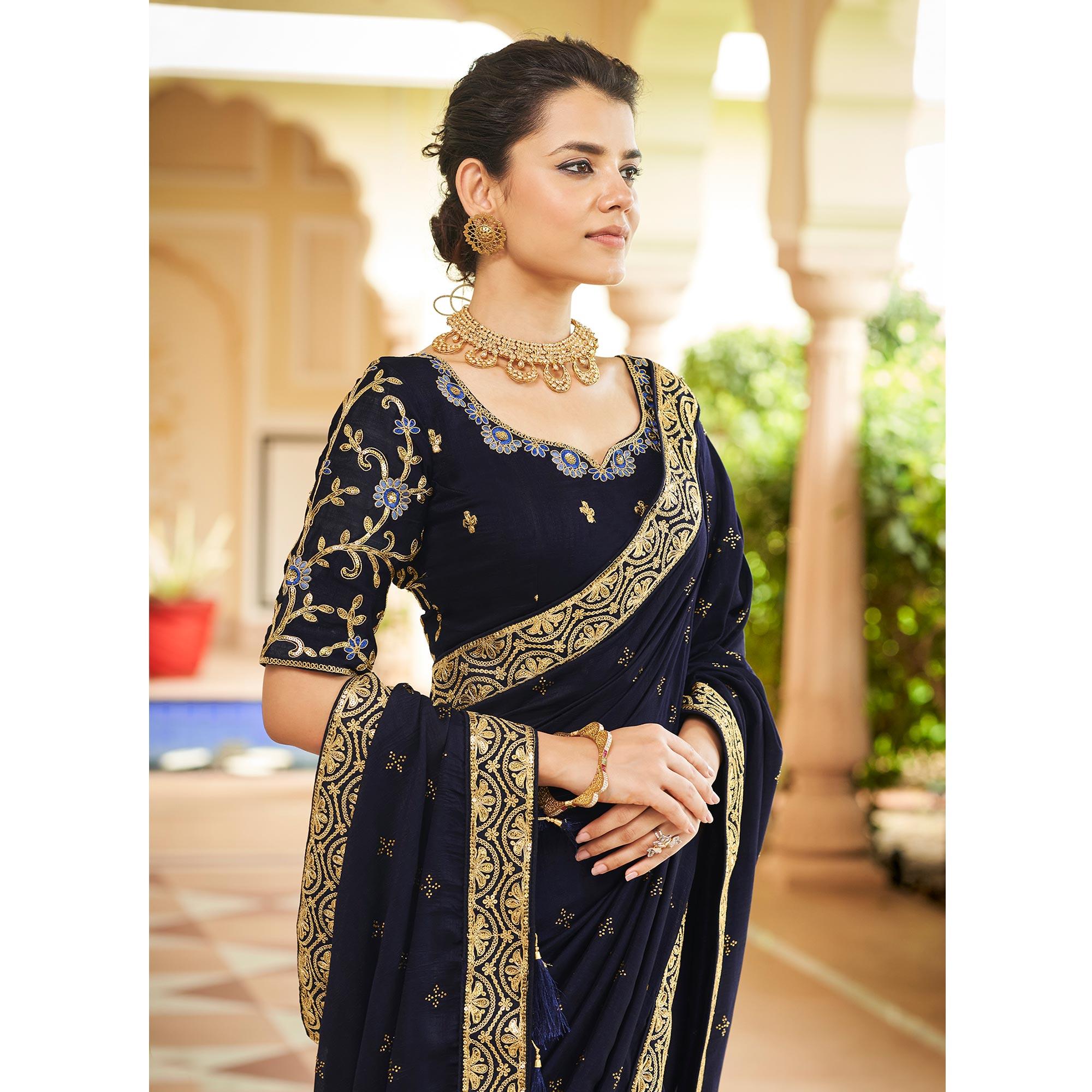 Blue Sequence With swarovski Work Vichitra Silk Saree - Peachmode