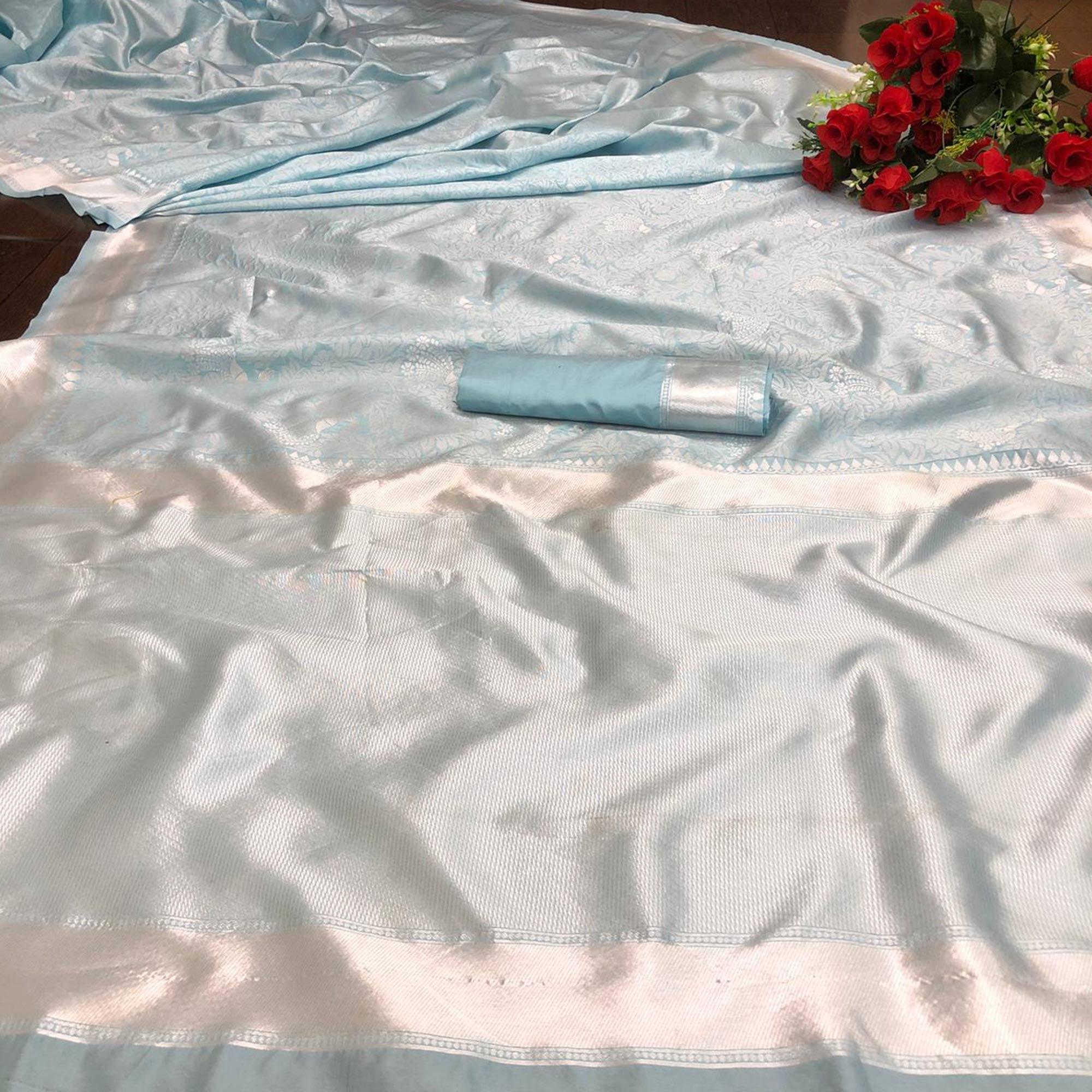 Blue-Silver Festive Wear Woven Designer Border Soft Lichi Silk Saree - Peachmode