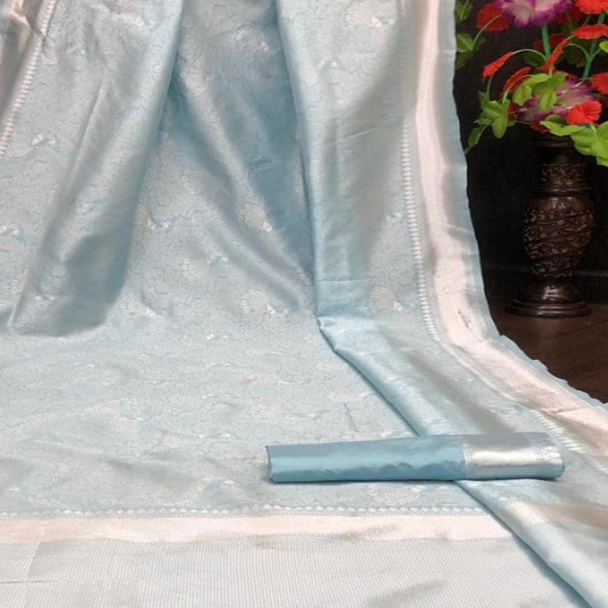 Blue-Silver Festive Wear Woven Designer Border Soft Lichi Silk Saree - Peachmode