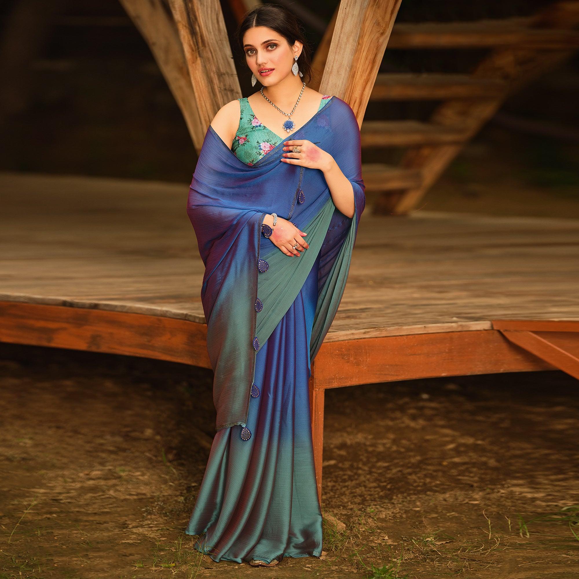 Blue Solid Chiffon Saree - Peachmode