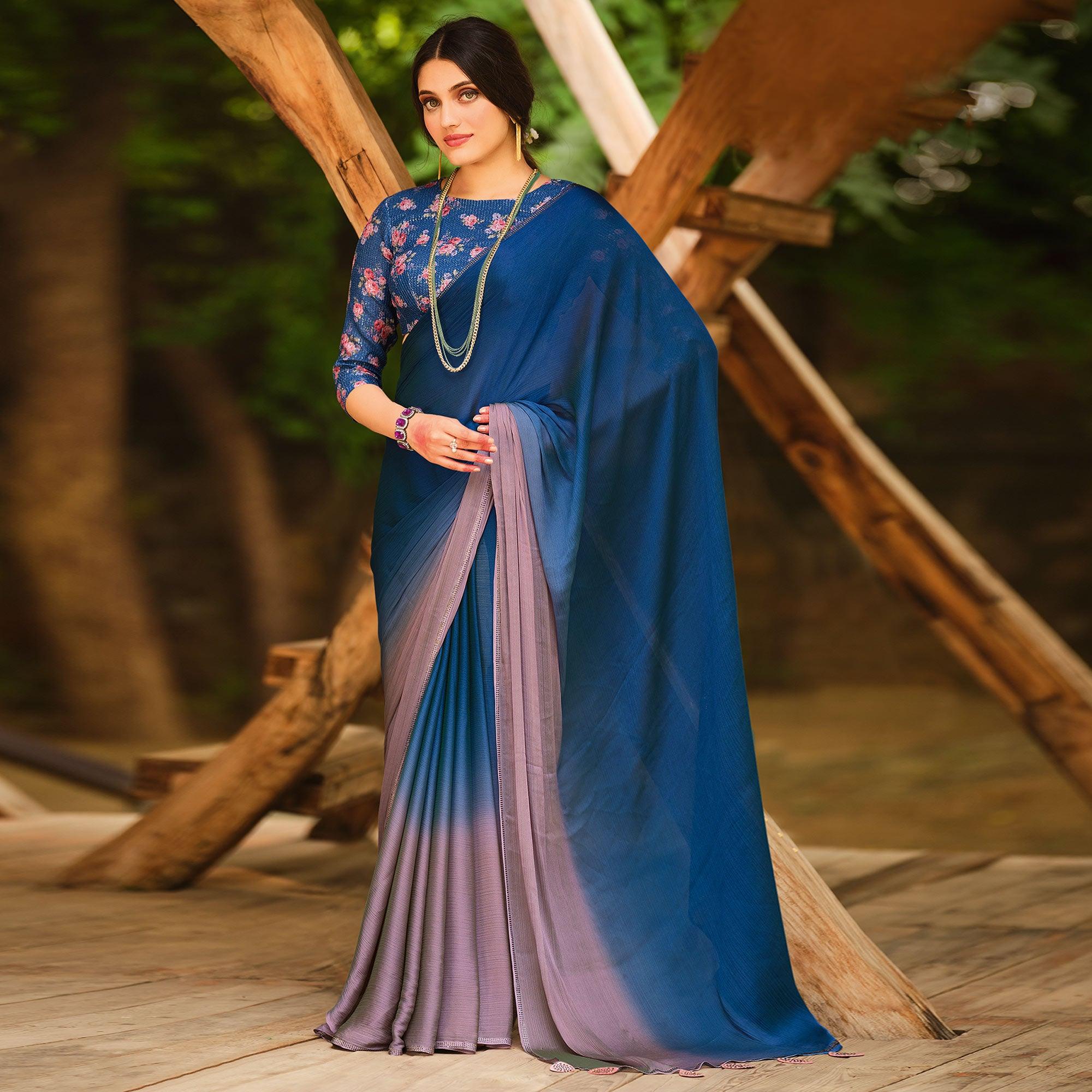 Blue Solid Chiffon Saree - Peachmode