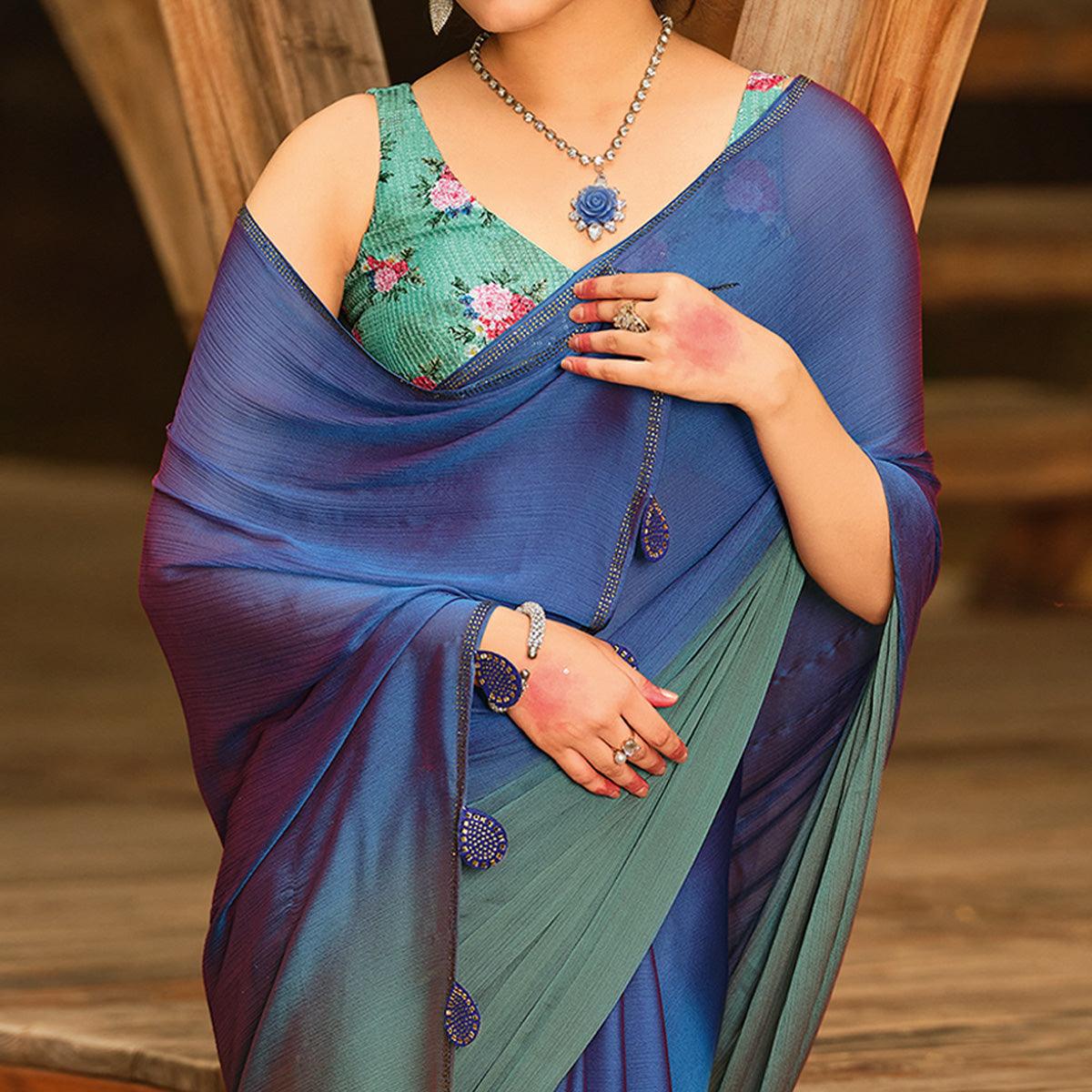 Blue Solid Chiffon Saree - Peachmode