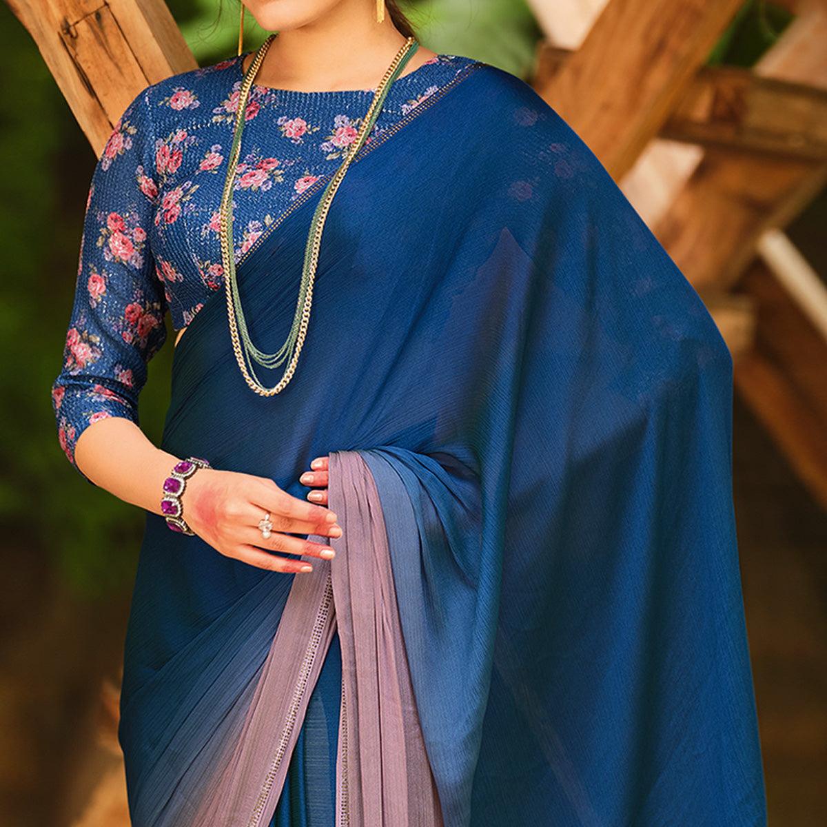 Blue Solid Chiffon Saree - Peachmode