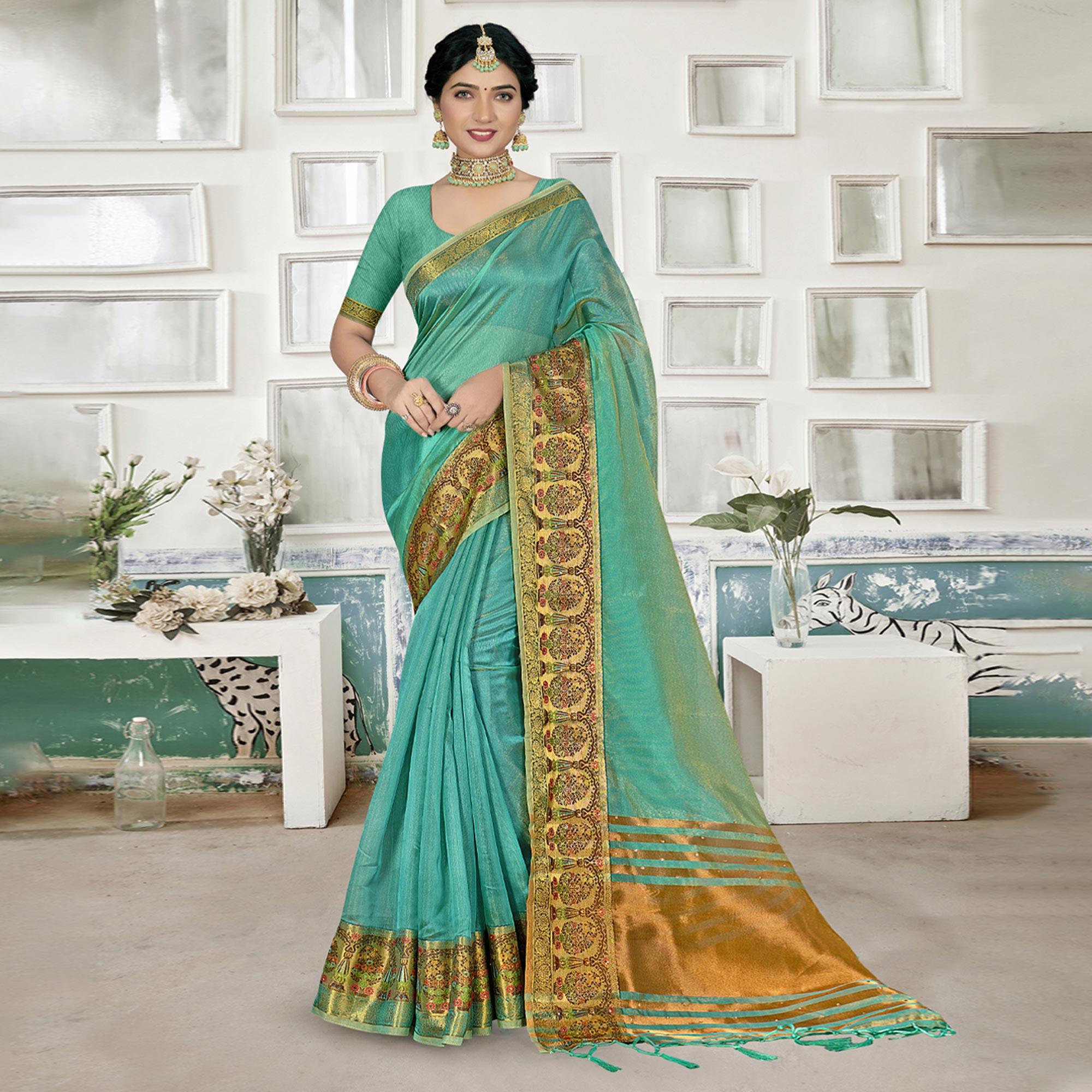 Blue Solid Organza Saree - Peachmode