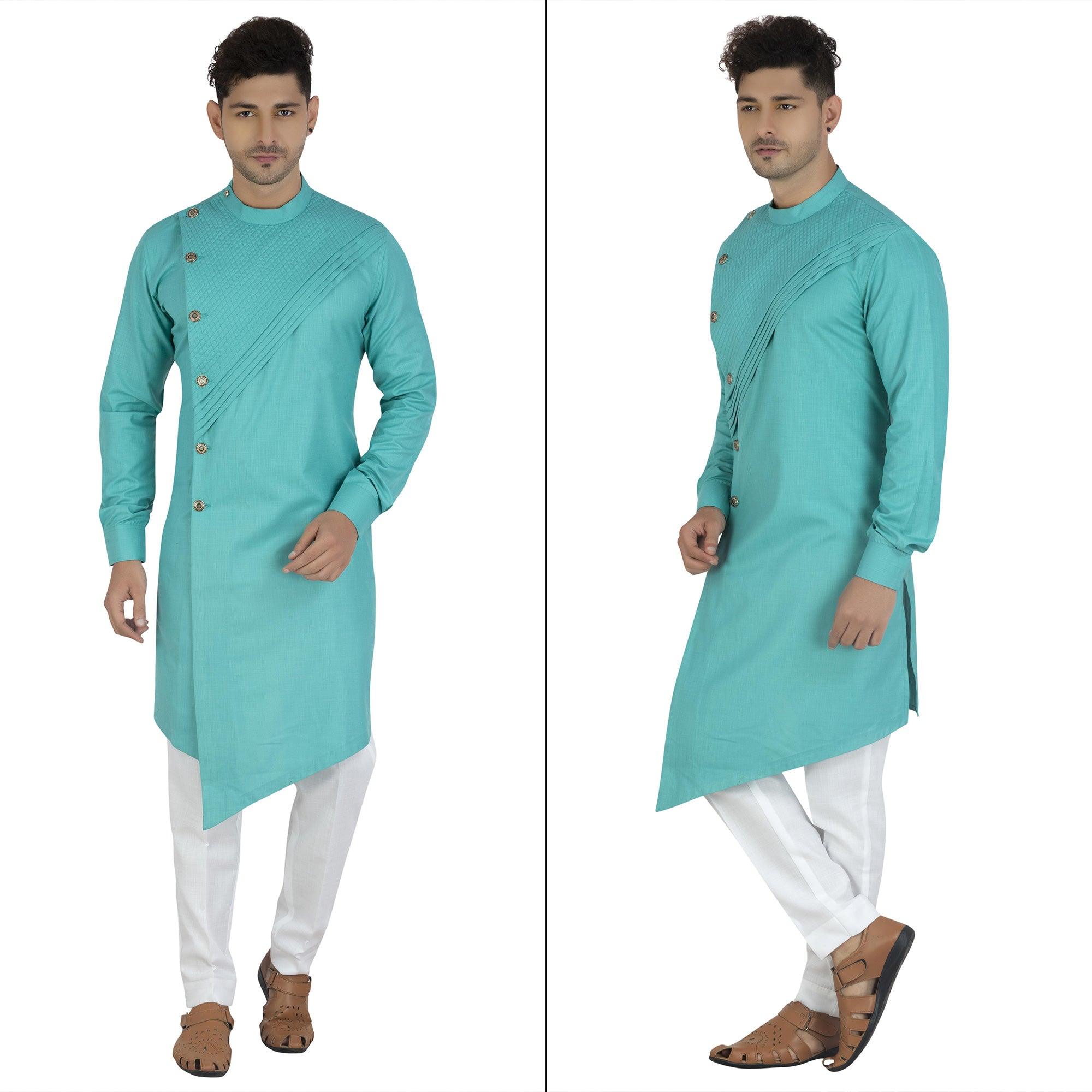 Blue Solid Pure Cotton Men's Kurta Pyjama Set - Peachmode