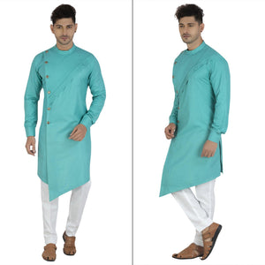 Blue Solid Pure Cotton Men's Kurta Pyjama Set - Peachmode