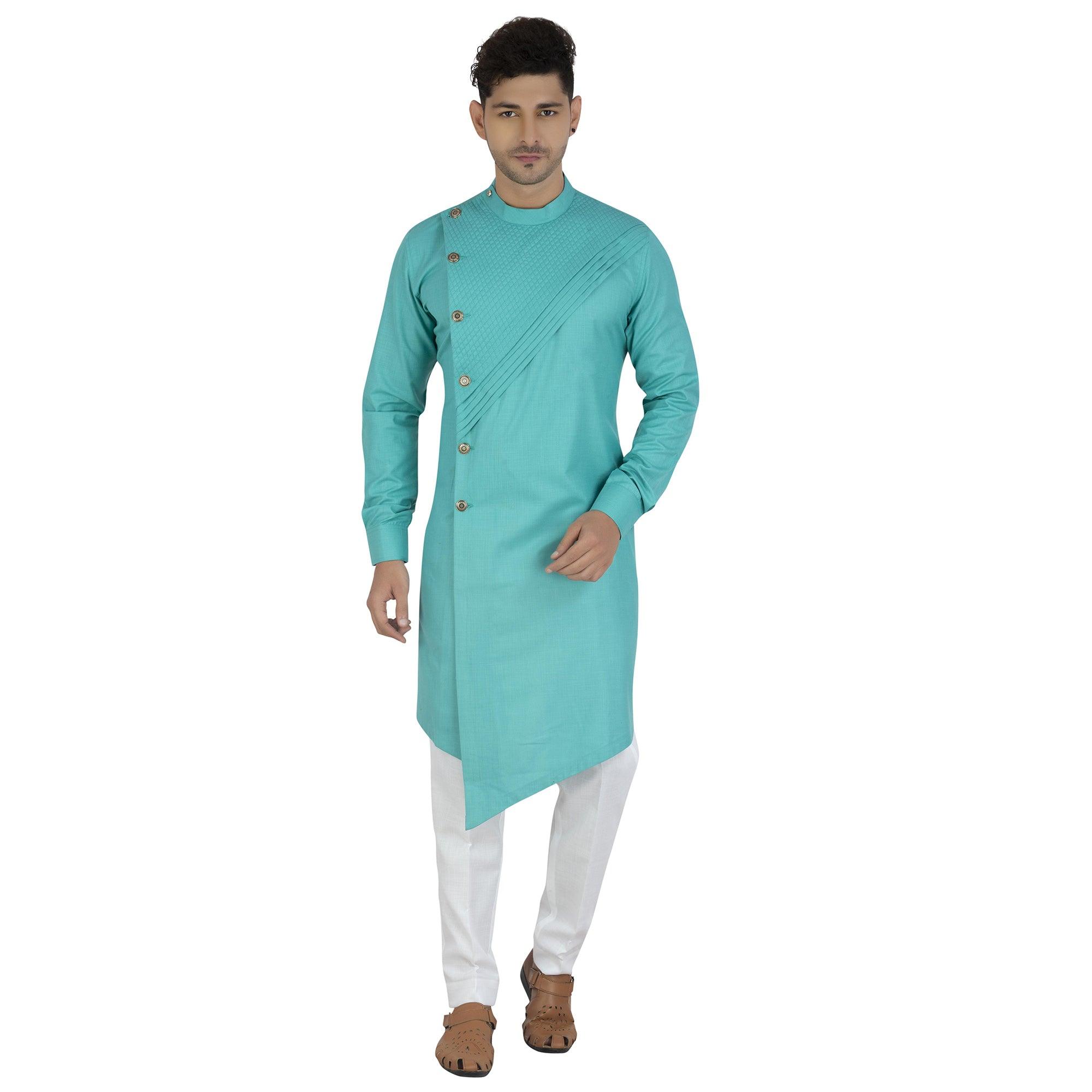 Blue Solid Pure Cotton Men's Kurta Pyjama Set - Peachmode