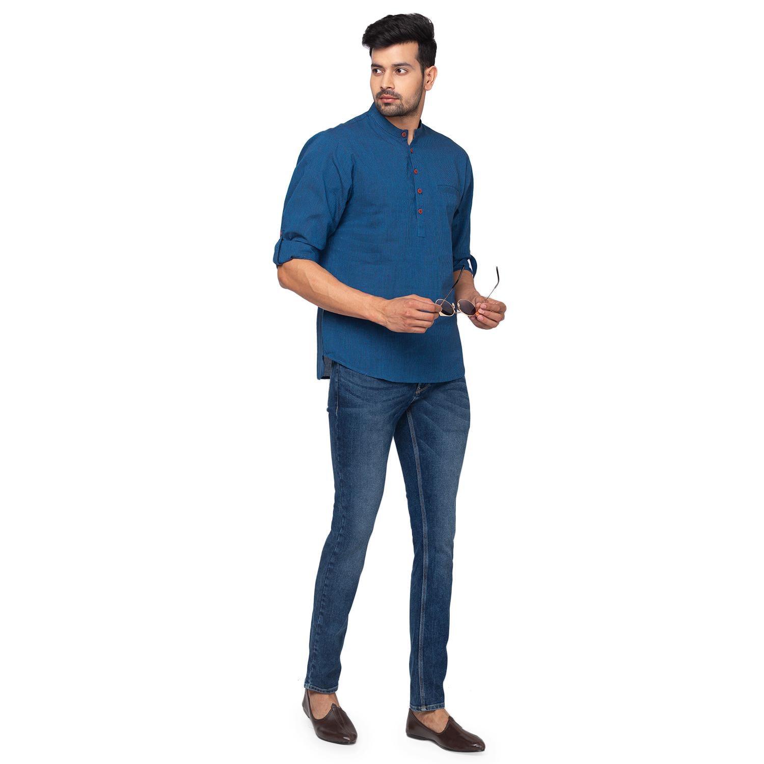 Blue Solid Pure Cotton Short Kurta - Peachmode
