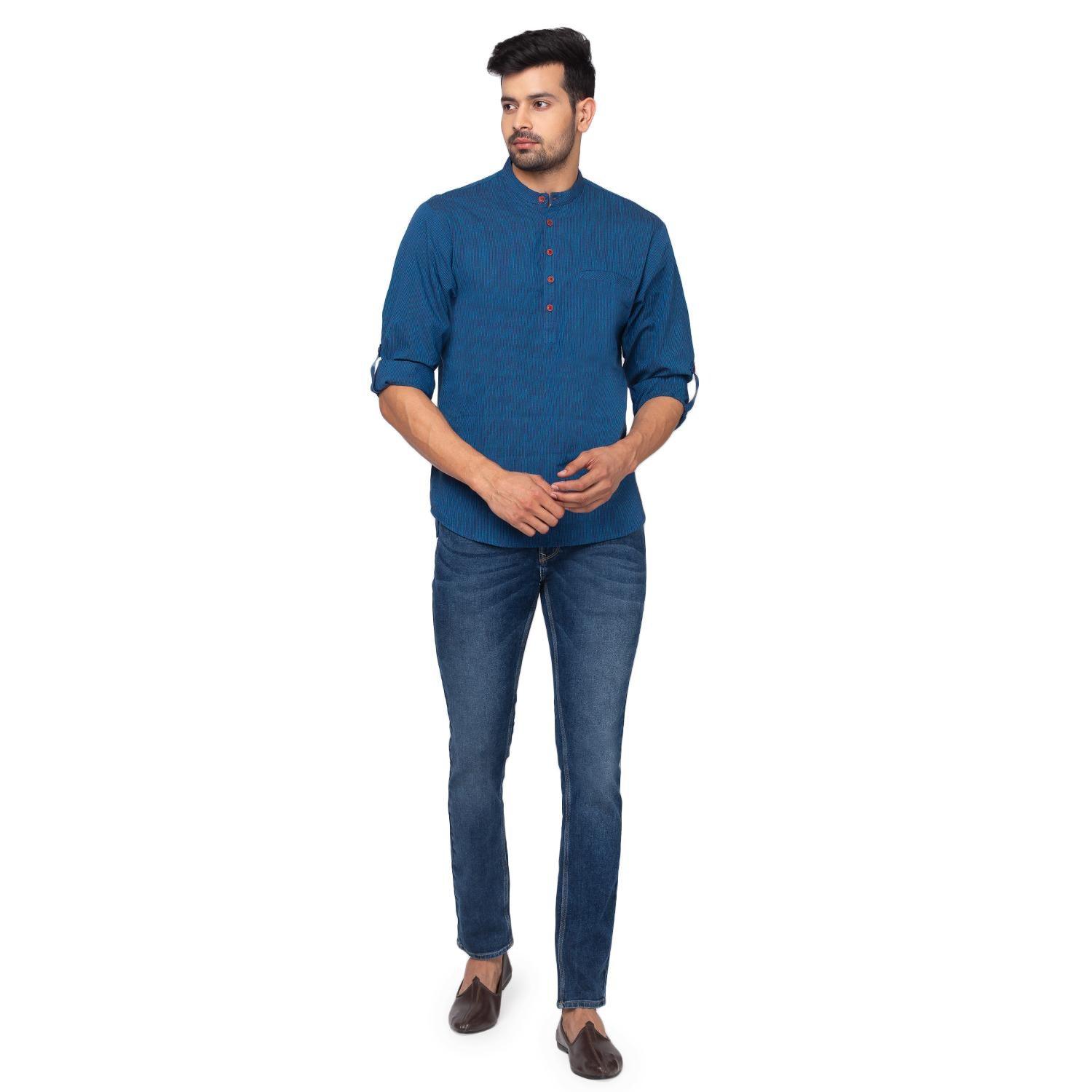 Blue Solid Pure Cotton Short Kurta - Peachmode