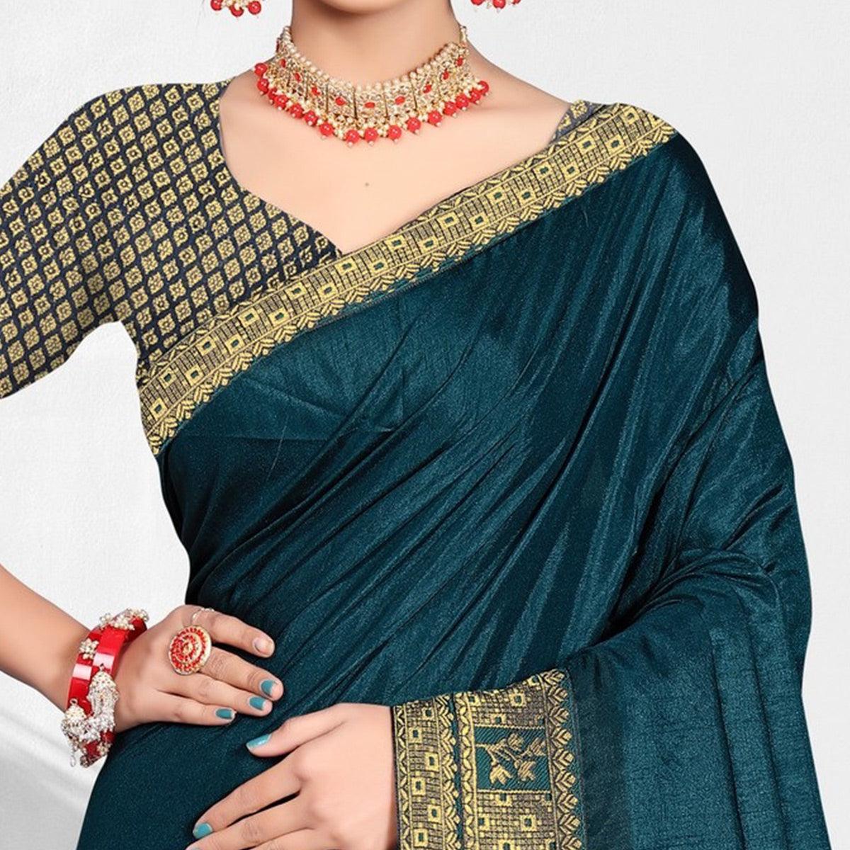 Blue Solid Vichitra Silk Saree - Peachmode