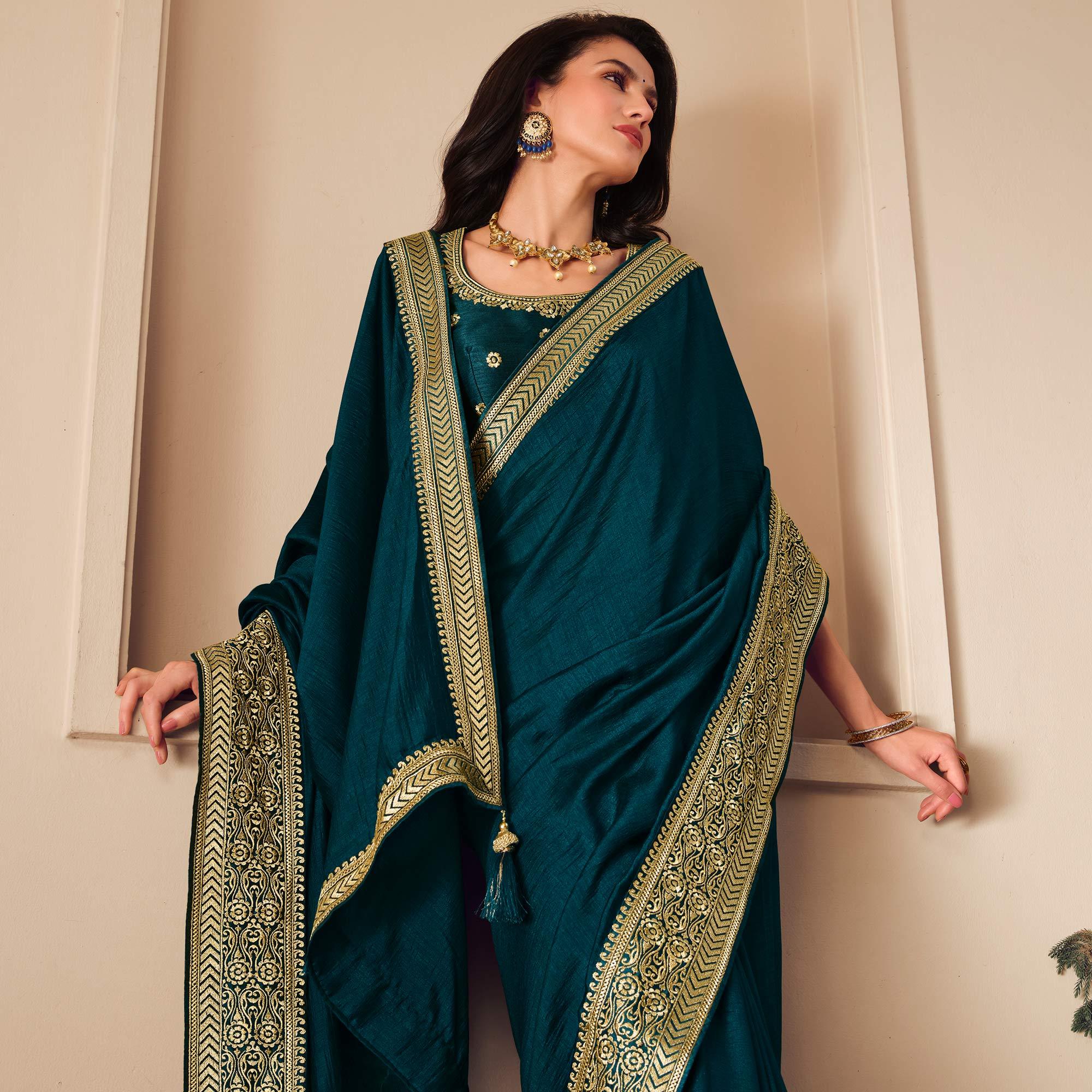 Blue Solid Vichitra Silk Saree With Tassels - Peachmode