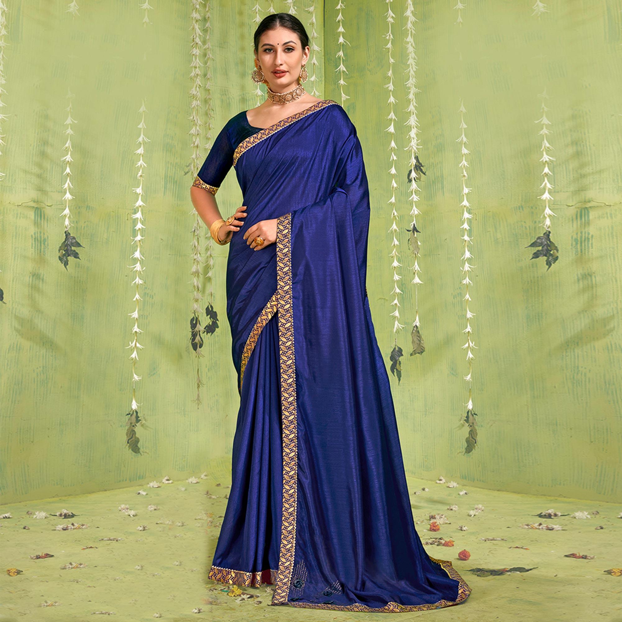 Blue Solid With Fancy Border Vichitra Silk Saree - Peachmode