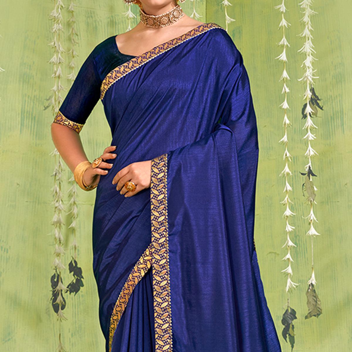 Blue Solid With Fancy Border Vichitra Silk Saree - Peachmode