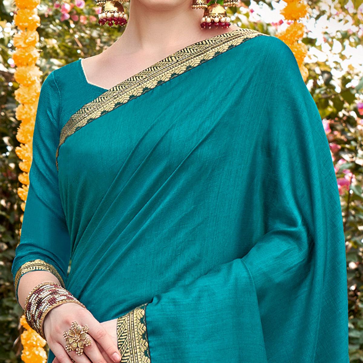 Blue Solid With Fancy Border Vichitra Silk Saree - Peachmode