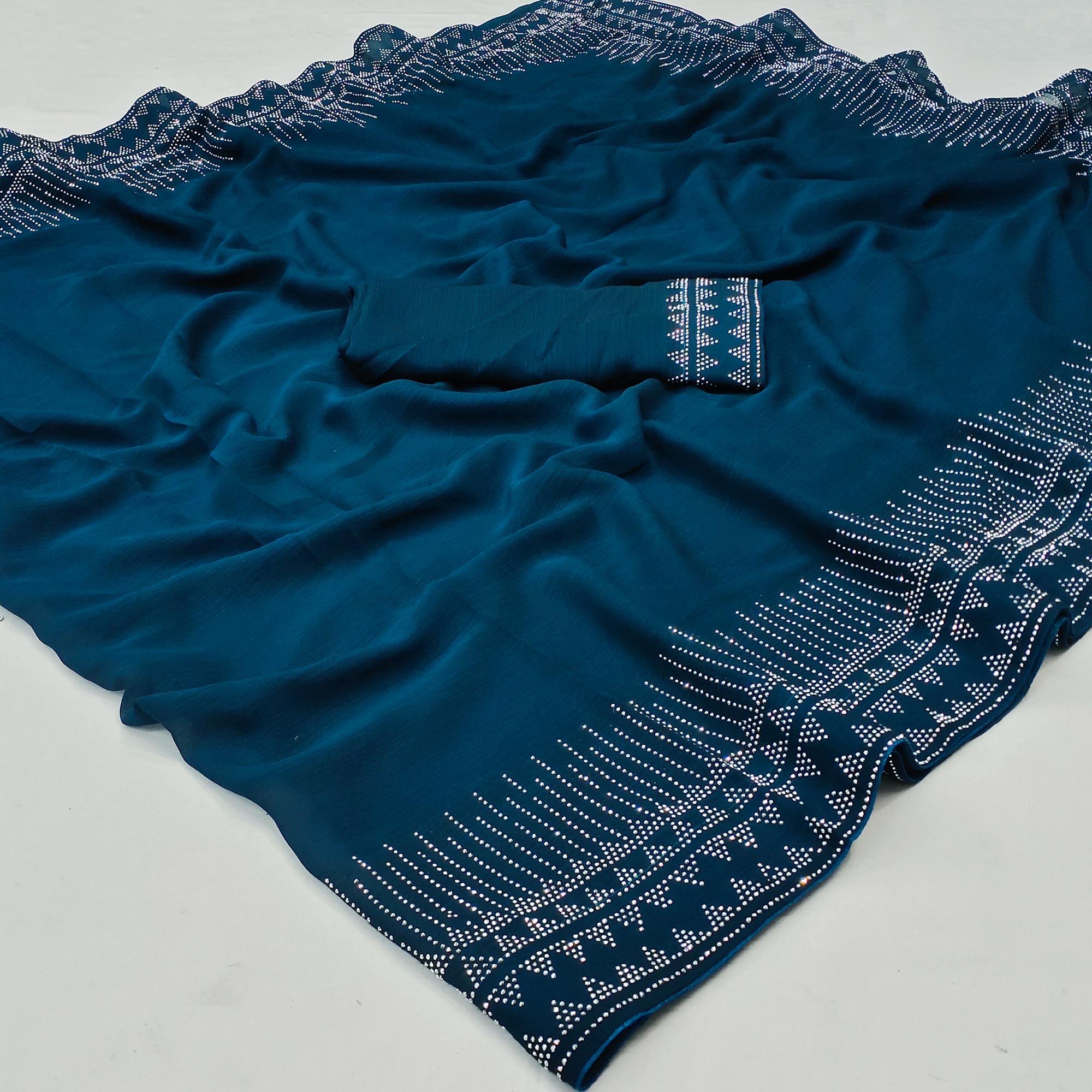 Blue Solid With Sequence Work Chiffon Saree - Peachmode
