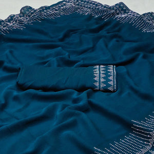 Blue Solid With Sequence Work Chiffon Saree - Peachmode