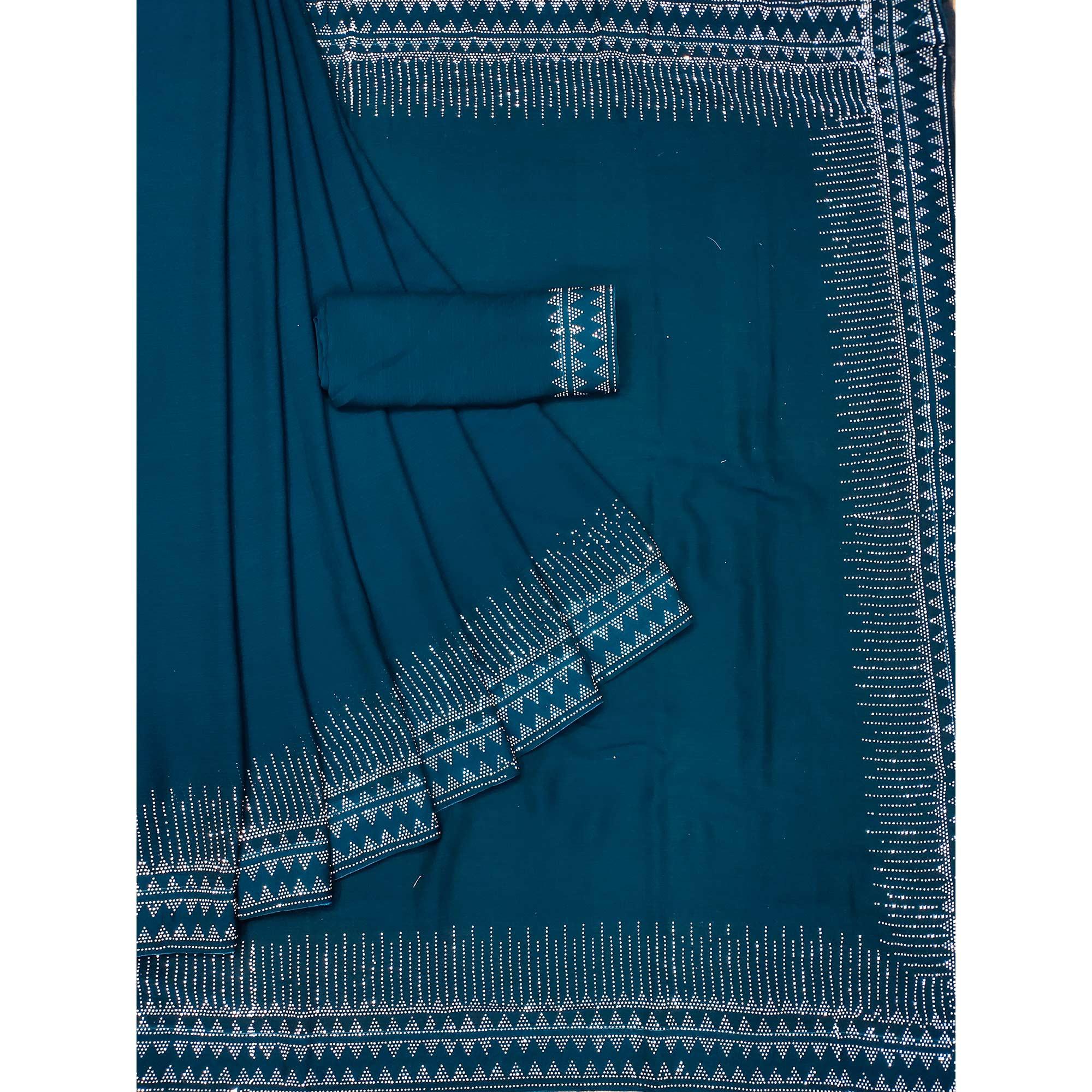 Blue Solid With Sequence Work Chiffon Saree - Peachmode