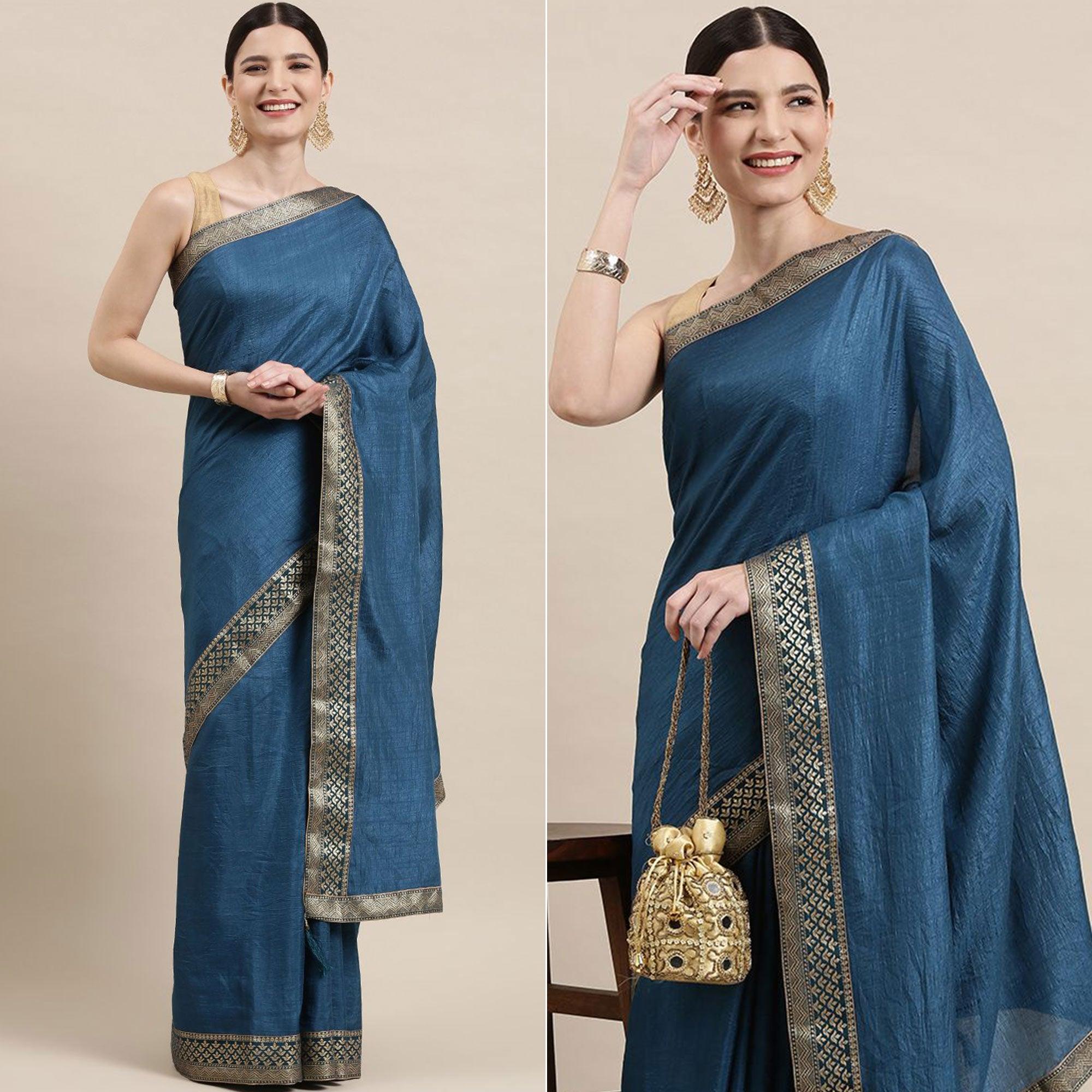 Blue Solid With Woven Border Vichitra Silk Saree - Peachmode