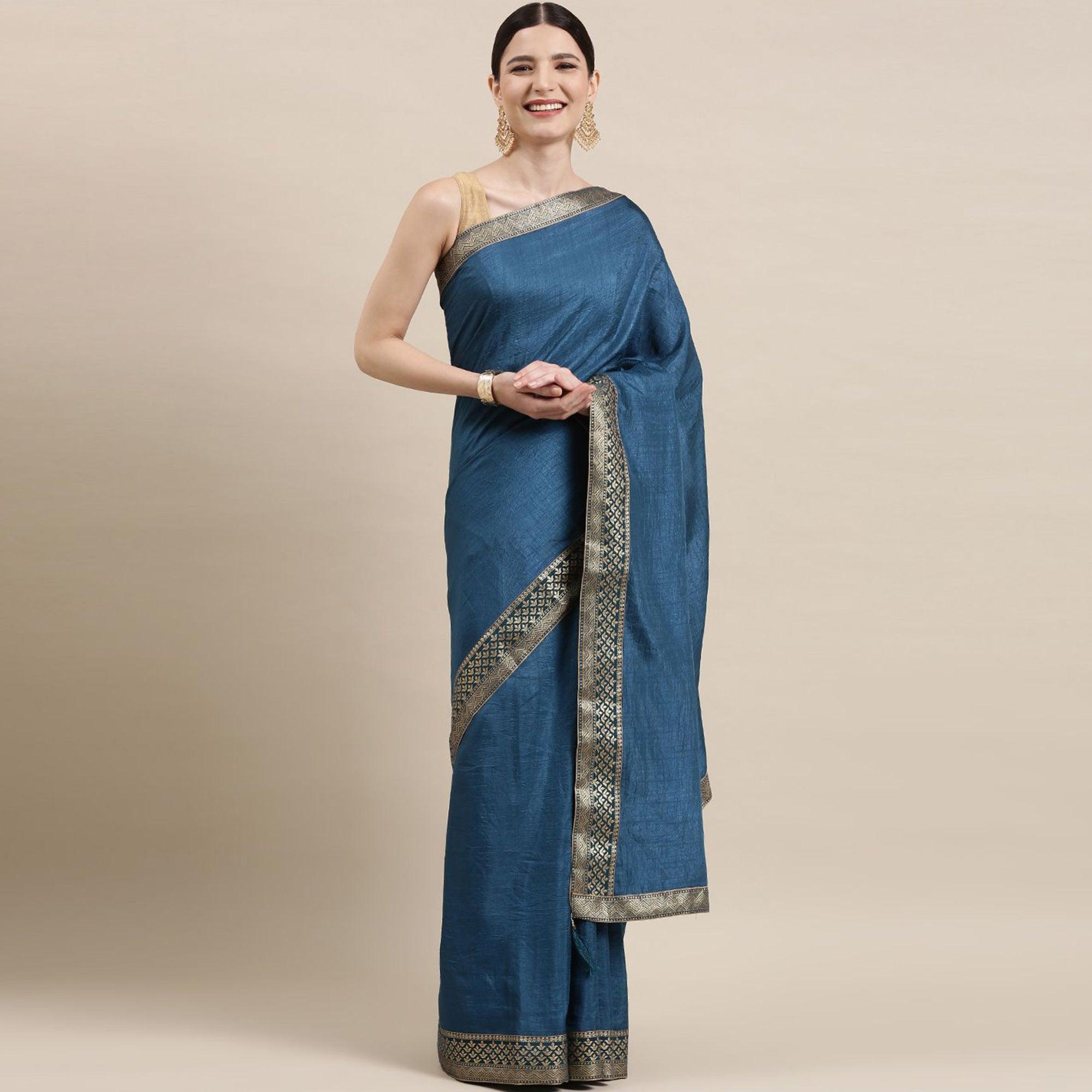 Blue Solid With Woven Border Vichitra Silk Saree - Peachmode