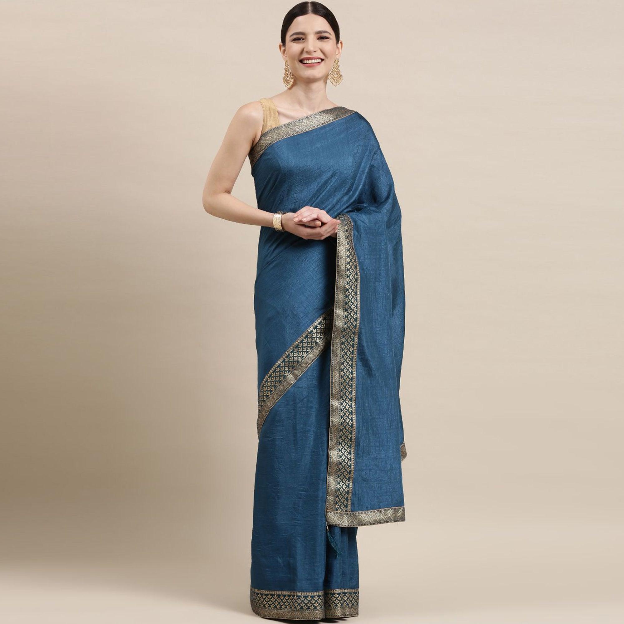 Blue Solid With Woven Border Vichitra Silk Saree - Peachmode