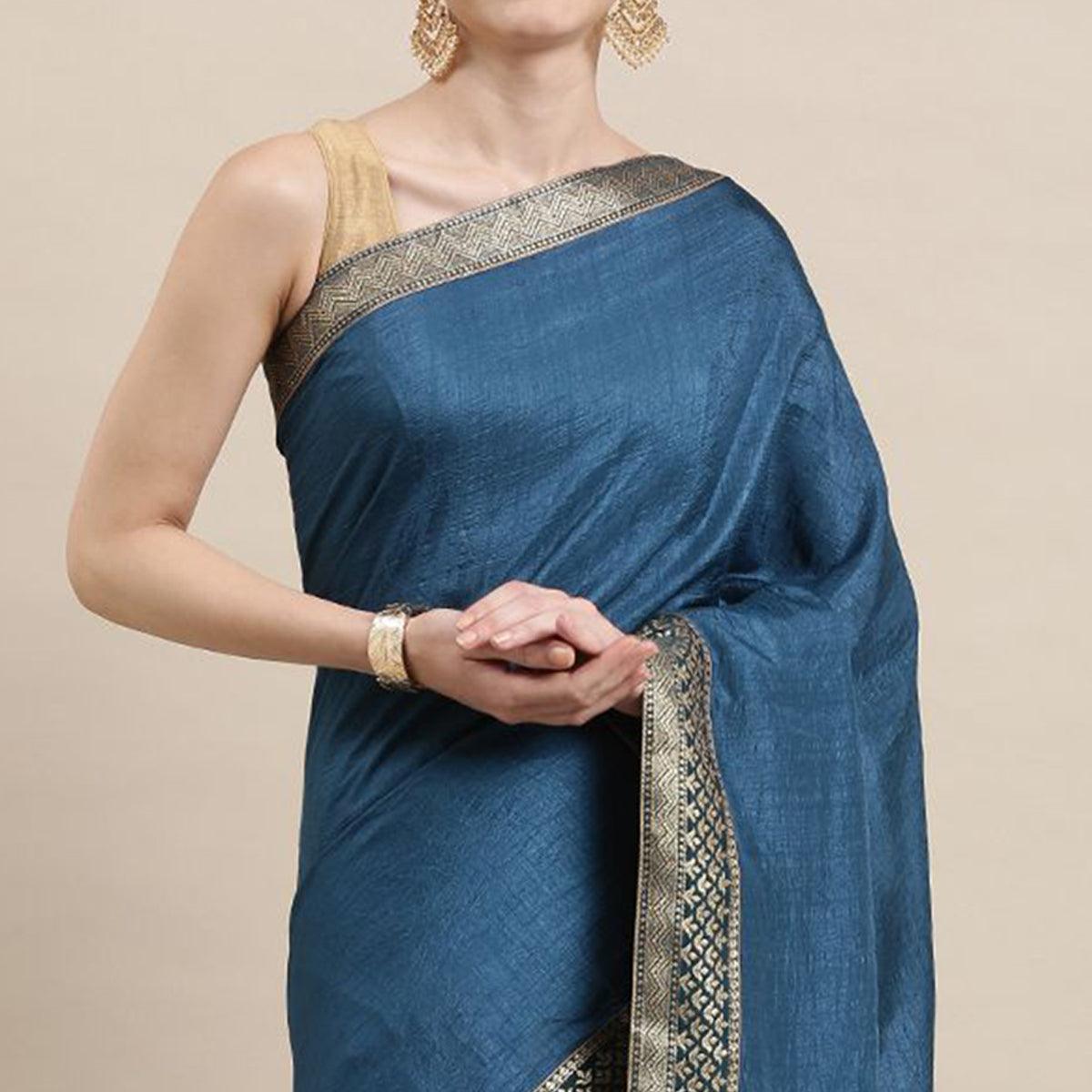 Blue Solid With Woven Border Vichitra Silk Saree - Peachmode