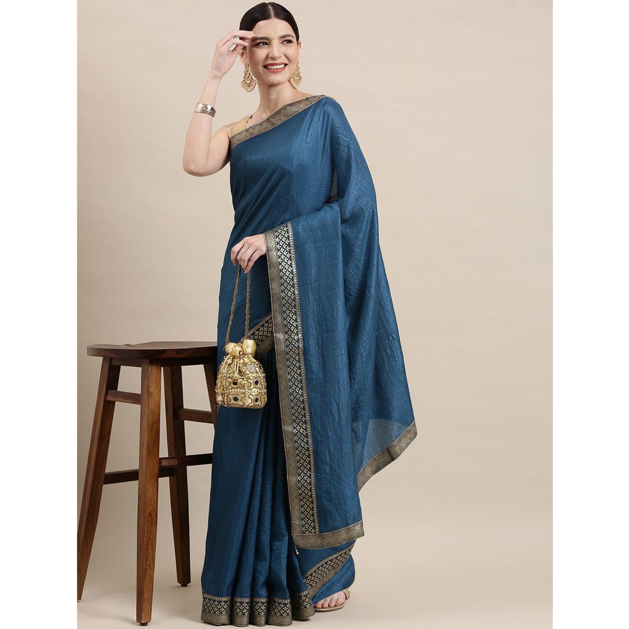 Blue Solid With Woven Border Vichitra Silk Saree - Peachmode