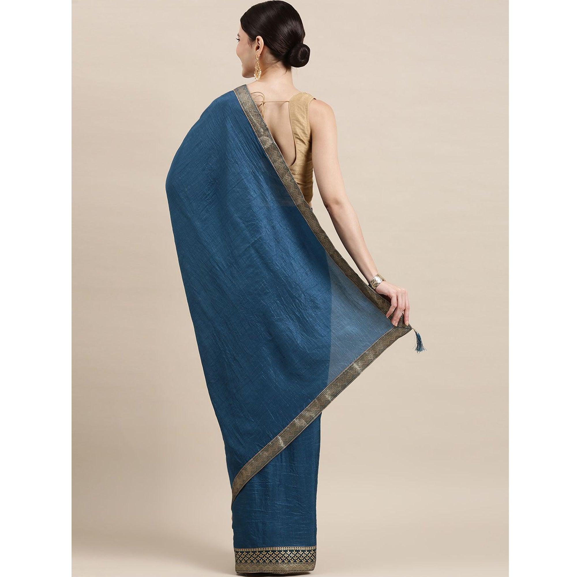 Blue Solid With Woven Border Vichitra Silk Saree - Peachmode