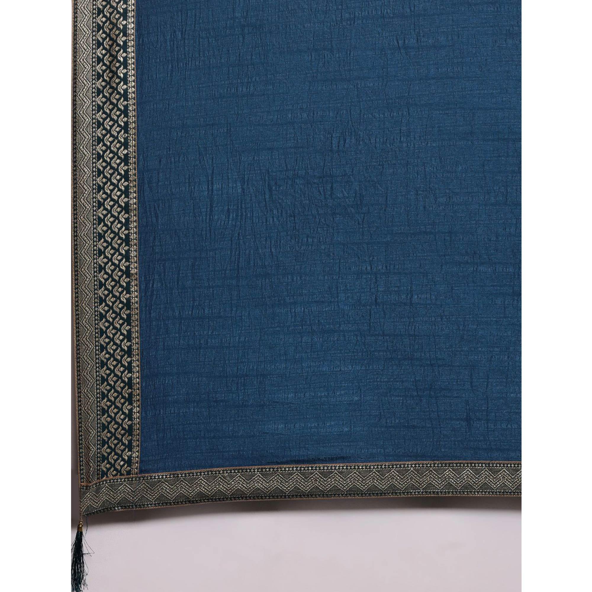 Blue Solid With Woven Border Vichitra Silk Saree - Peachmode