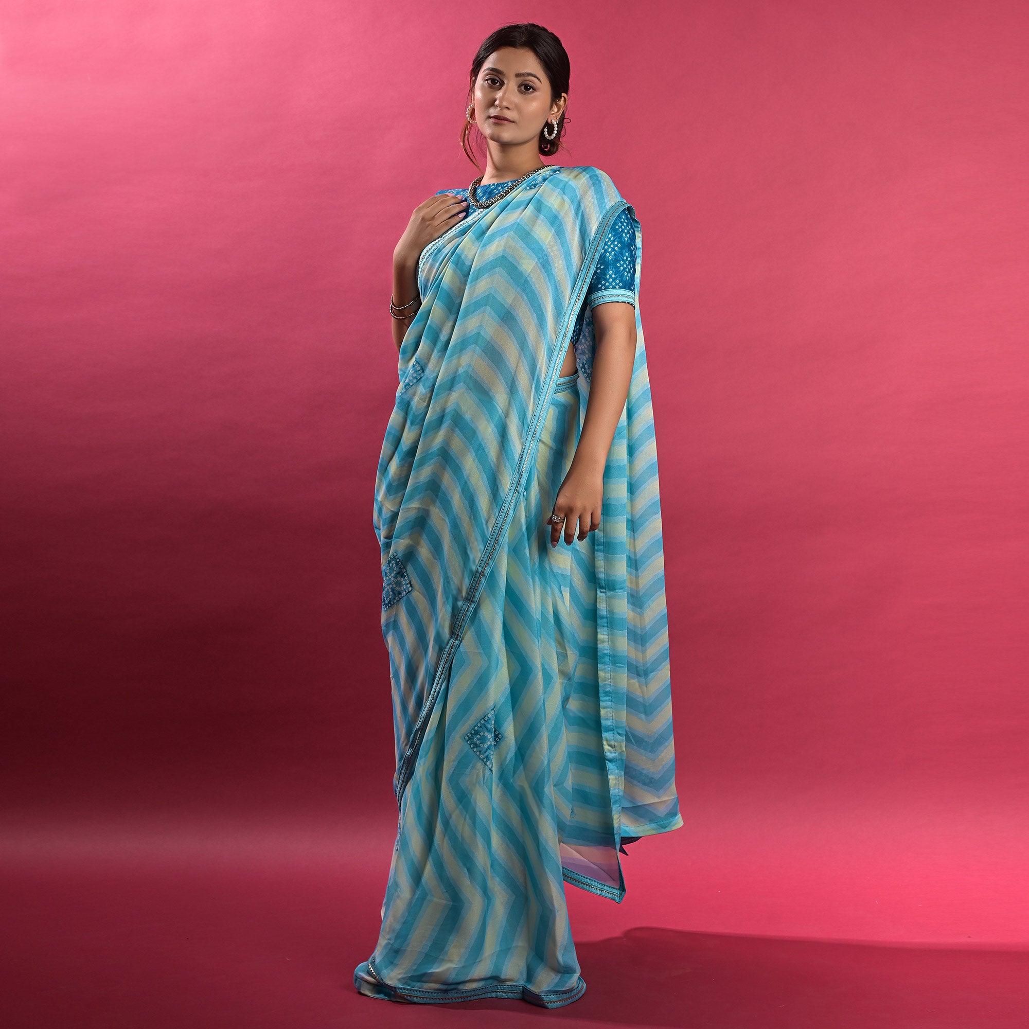 Blue Stripe Printed Chiffon Saree - Peachmode