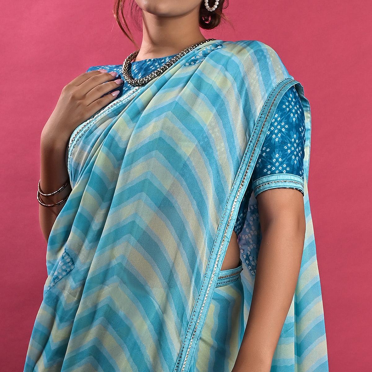 Blue Stripe Printed Chiffon Saree - Peachmode