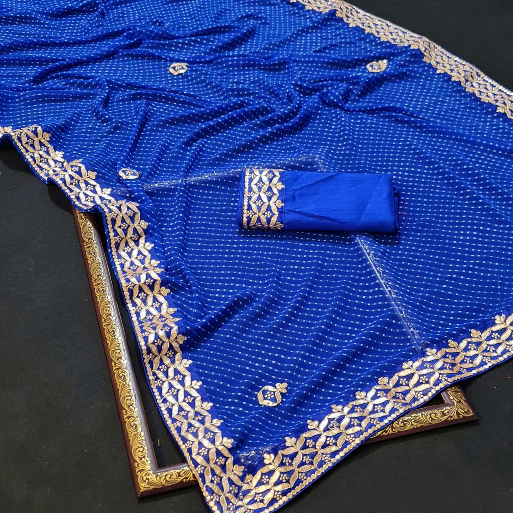 Blue Stripe Printed Georgette Saree - Peachmode