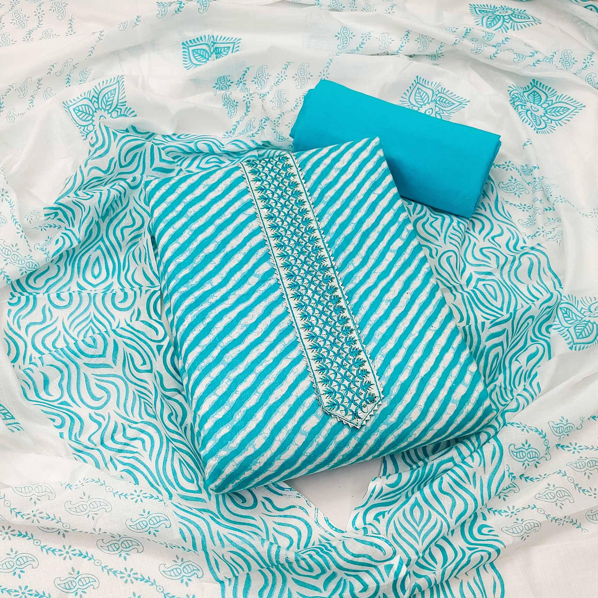 Blue Stripe Printed With Embroidered Poly Cotton Dress Material - Peachmode