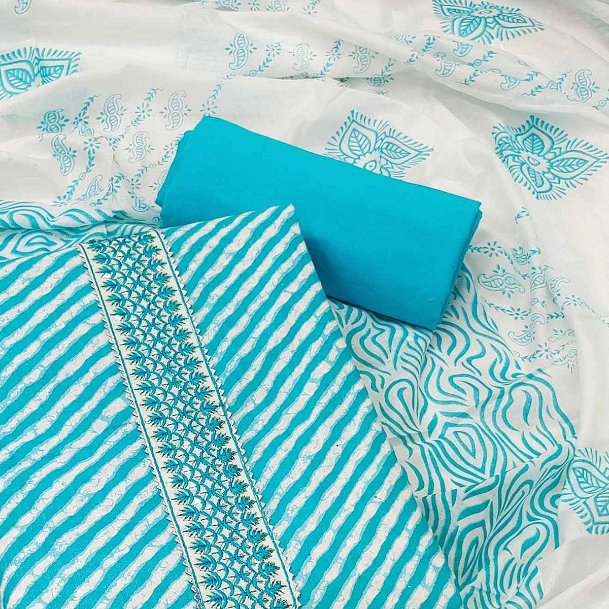 Blue Stripe Printed With Embroidered Poly Cotton Dress Material - Peachmode