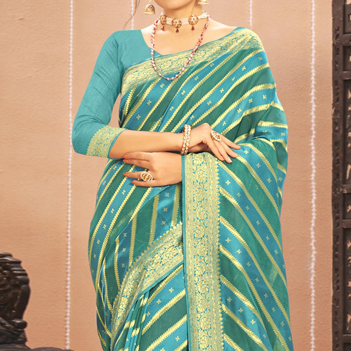 Blue Stripe With Woven Art Silk Saree - Peachmode