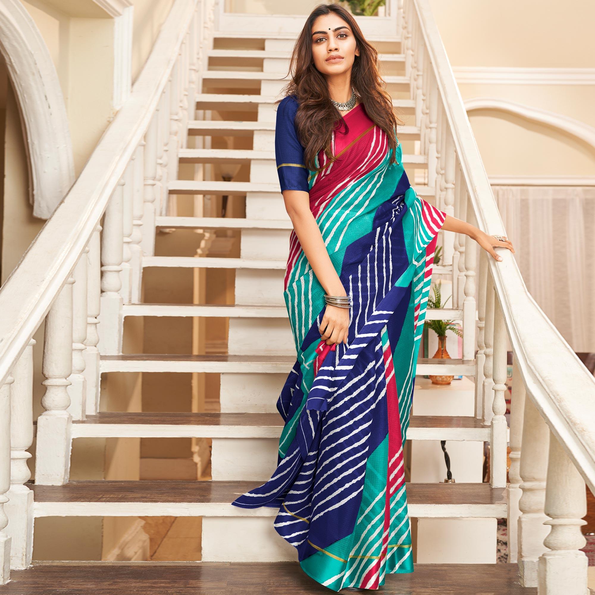 Blue Striped Printed Art Silk Saree - Peachmode