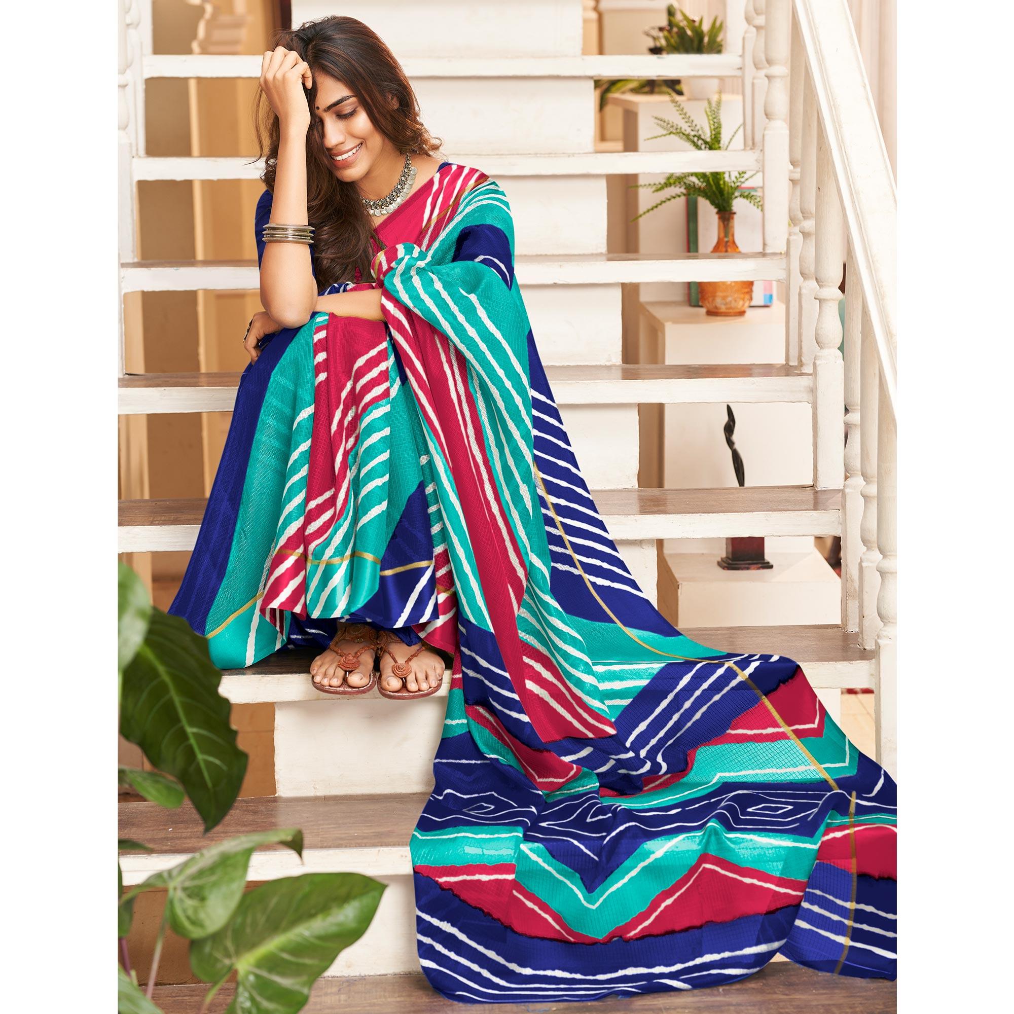Blue Striped Printed Art Silk Saree - Peachmode