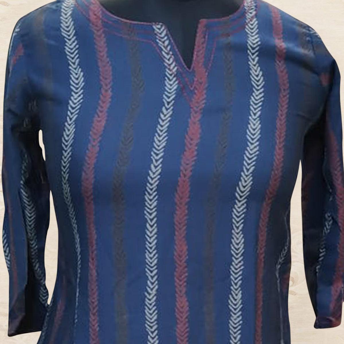 Blue Striped Printed Muslin Top - Peachmode