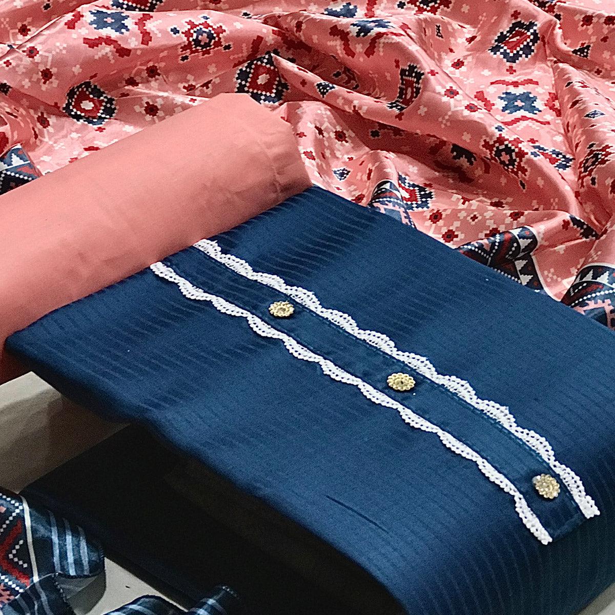 Blue Striped Printed Satin Dress Material - Peachmode