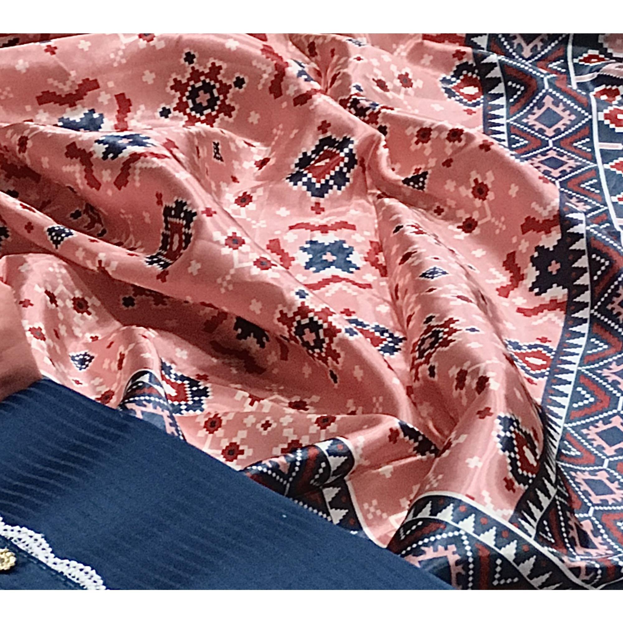Blue Striped Printed Satin Dress Material - Peachmode