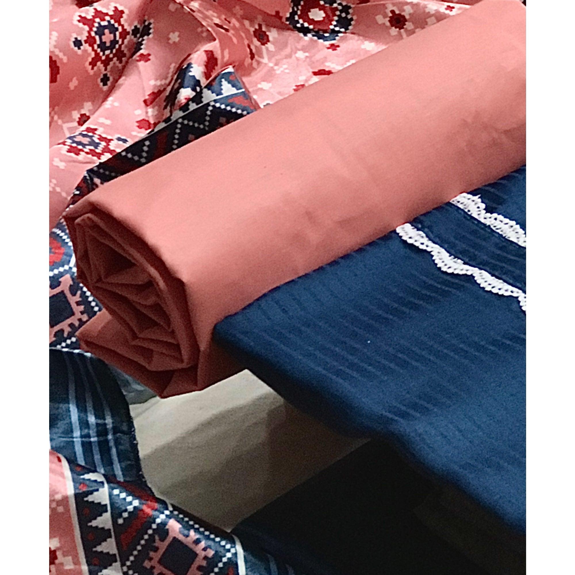 Blue Striped Printed Satin Dress Material - Peachmode