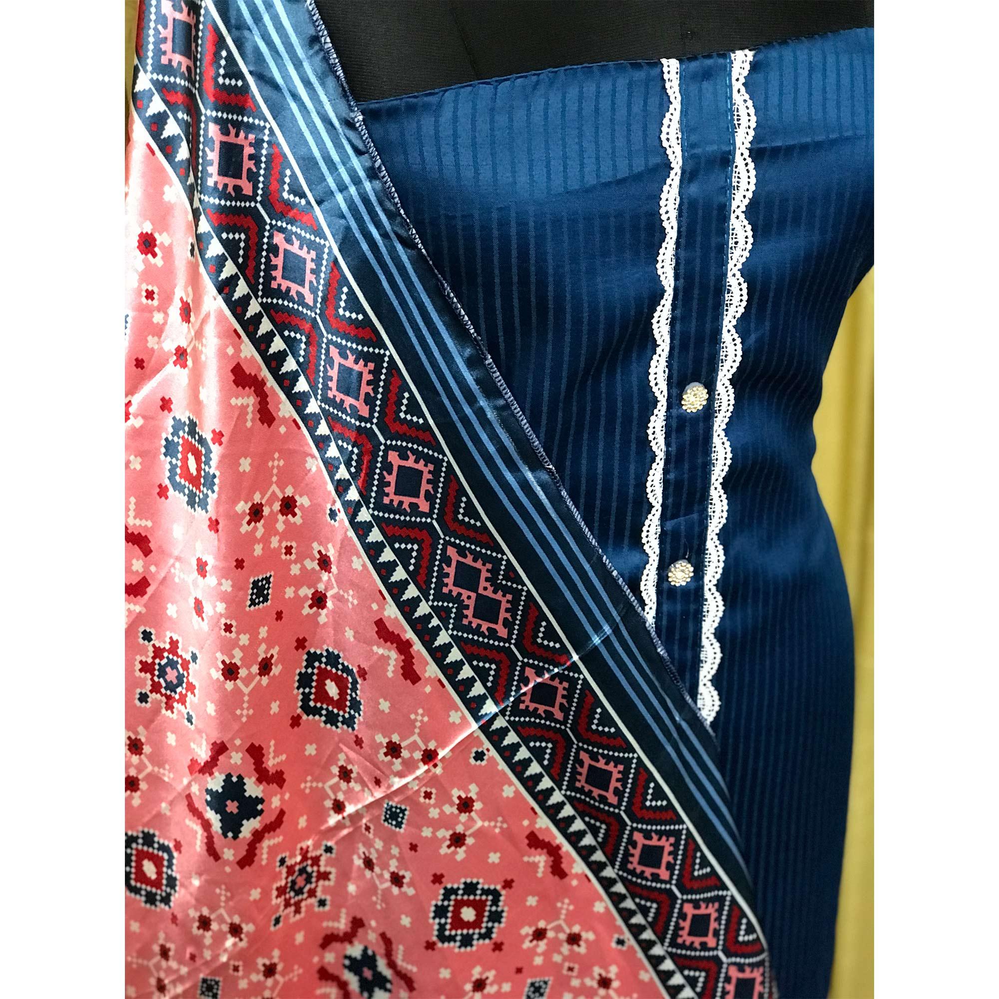 Blue Striped Printed Satin Dress Material - Peachmode