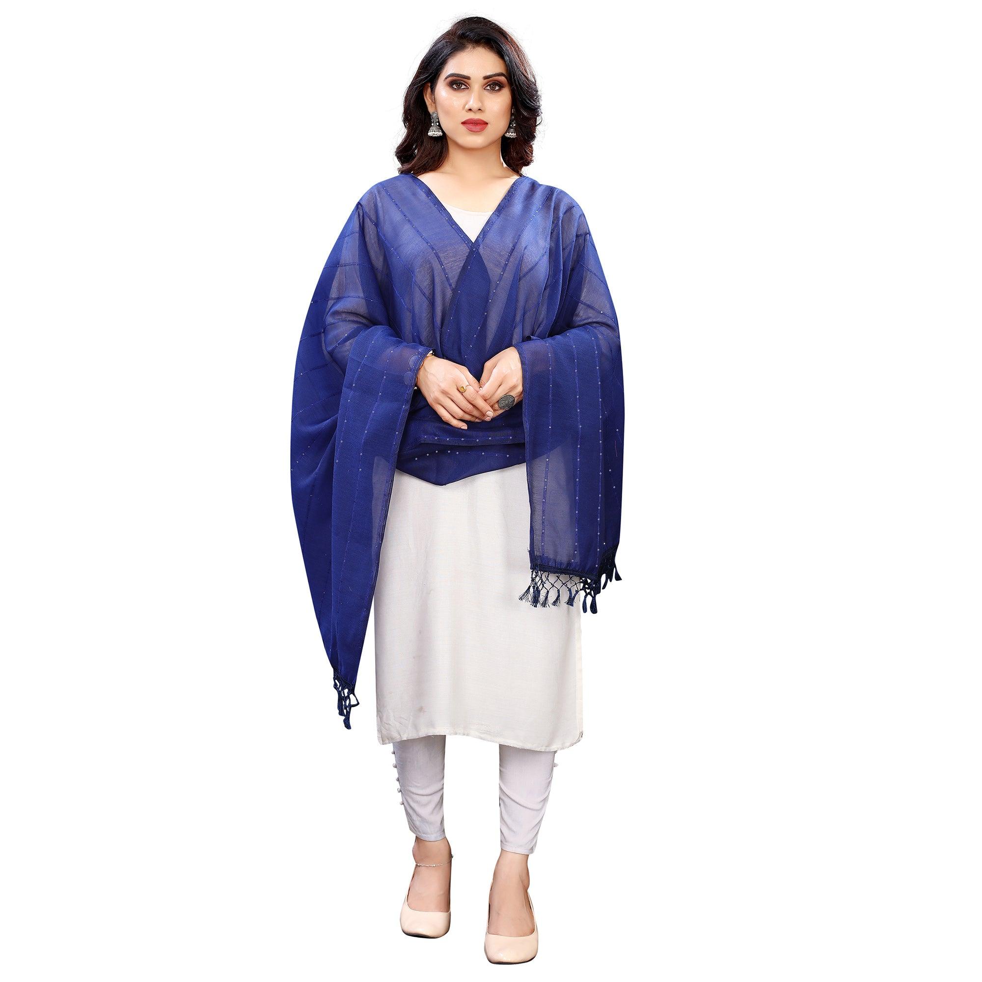 Blue Stripes Woven Sequence Festive Wear Cotton Silk Dupatta - Peachmode