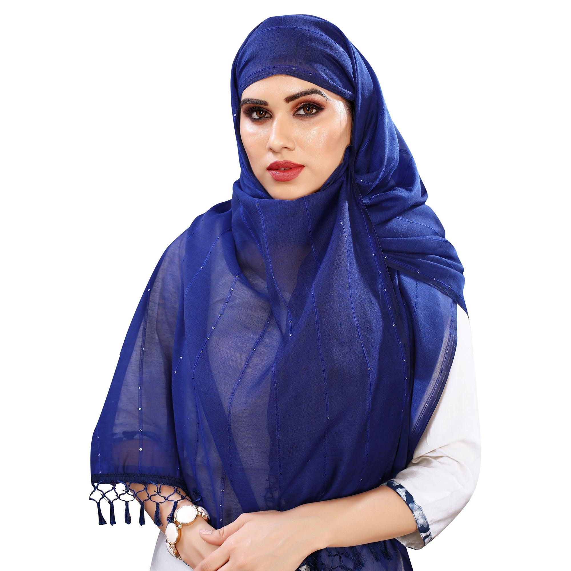 Blue Stripes Woven Sequence Festive Wear Cotton Silk Dupatta - Peachmode