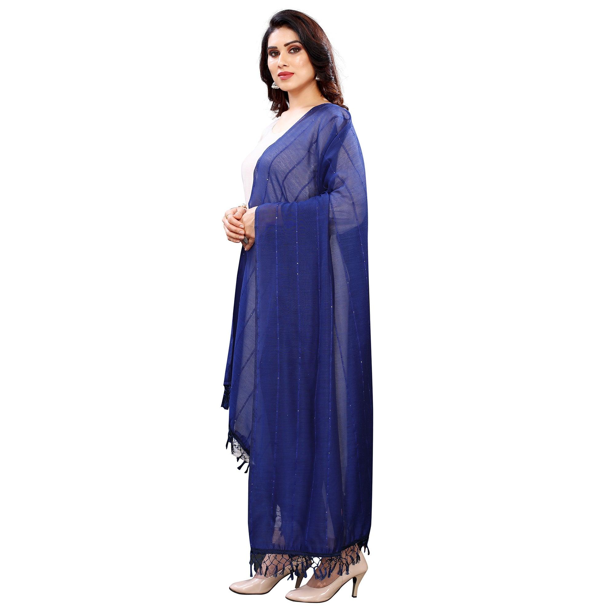 Blue Stripes Woven Sequence Festive Wear Cotton Silk Dupatta - Peachmode
