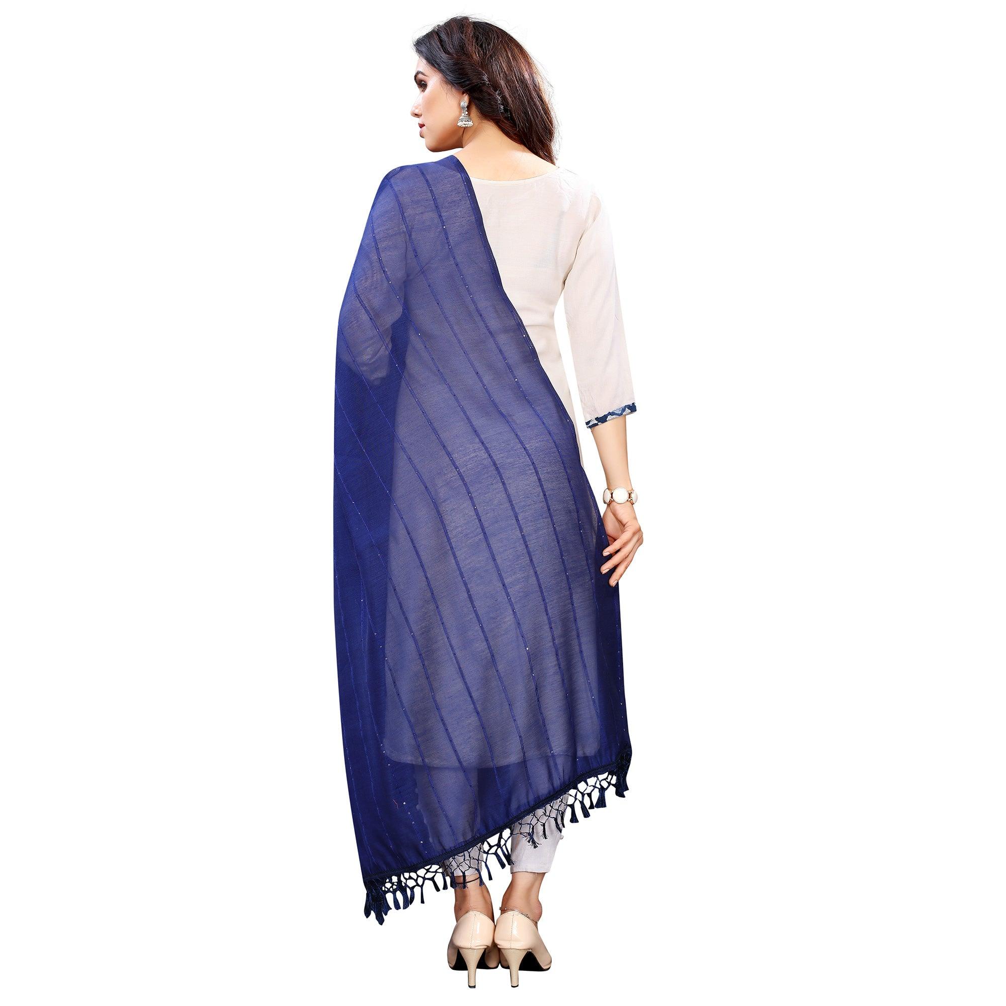 Blue Stripes Woven Sequence Festive Wear Cotton Silk Dupatta - Peachmode