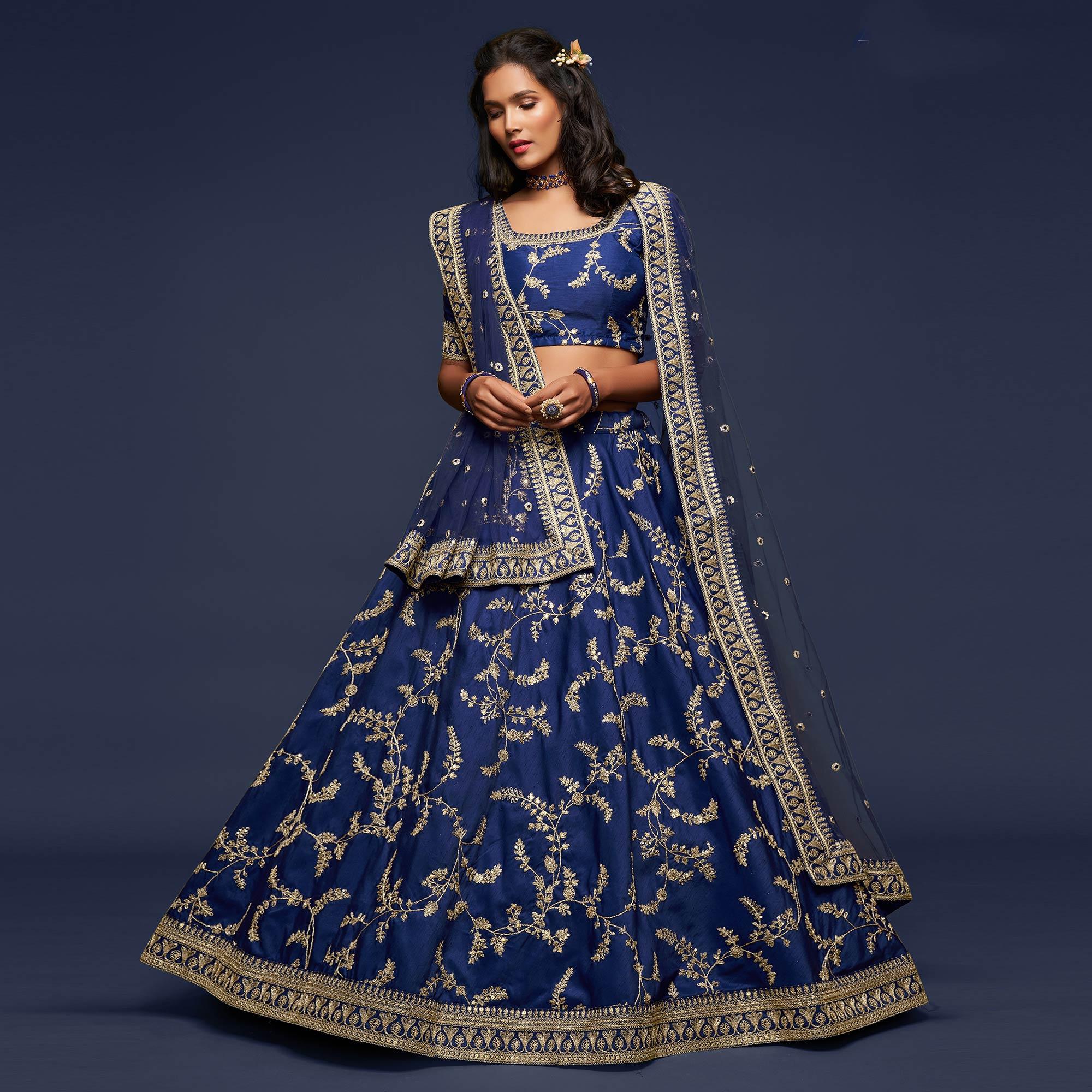 Blue Wedding Floral Sequins Embroidered Art Silk Lehenga Choli - Peachmode